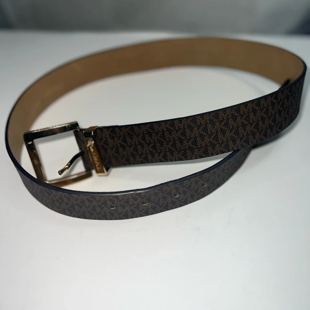 Michael Kors Brown Logo Print Fashion Belt with GoldTone Buckle size M